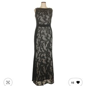 Signature by Sangria Black Lace Maxi Dress with Sheer Floral Overlay